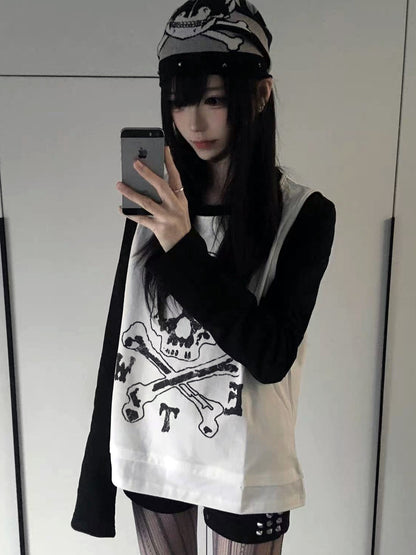 DETW onLine Skull Print Double Neck Contrast Women&
