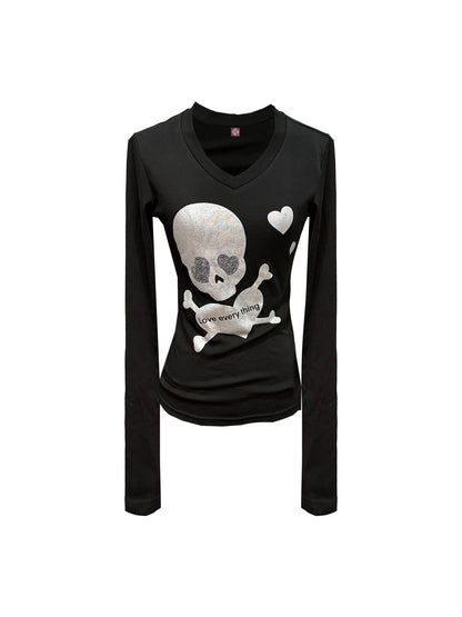 DETW onLine Skull Rhinestone V-neck Women&