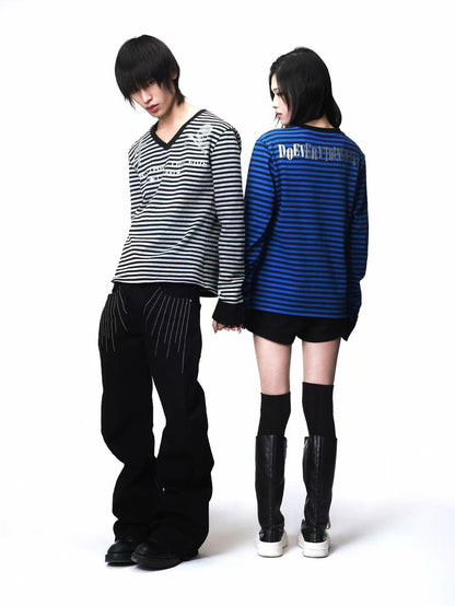 DETW onLine Skull Striped V-neck Rhinestone Street Women&
