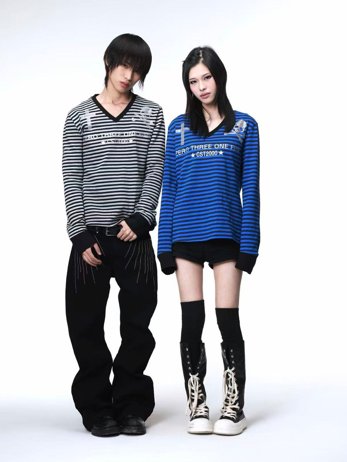 DETW onLine Skull Striped V-neck Rhinestone Street Women&