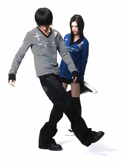 DETW onLine Skull Striped V-neck Rhinestone Street Women&