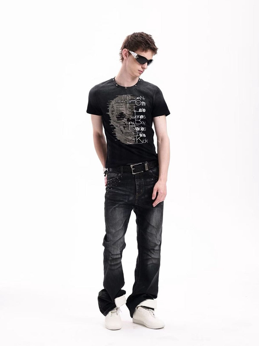 DETW onLine Skull Washed Hand Beaded Rhinestone Print Women&