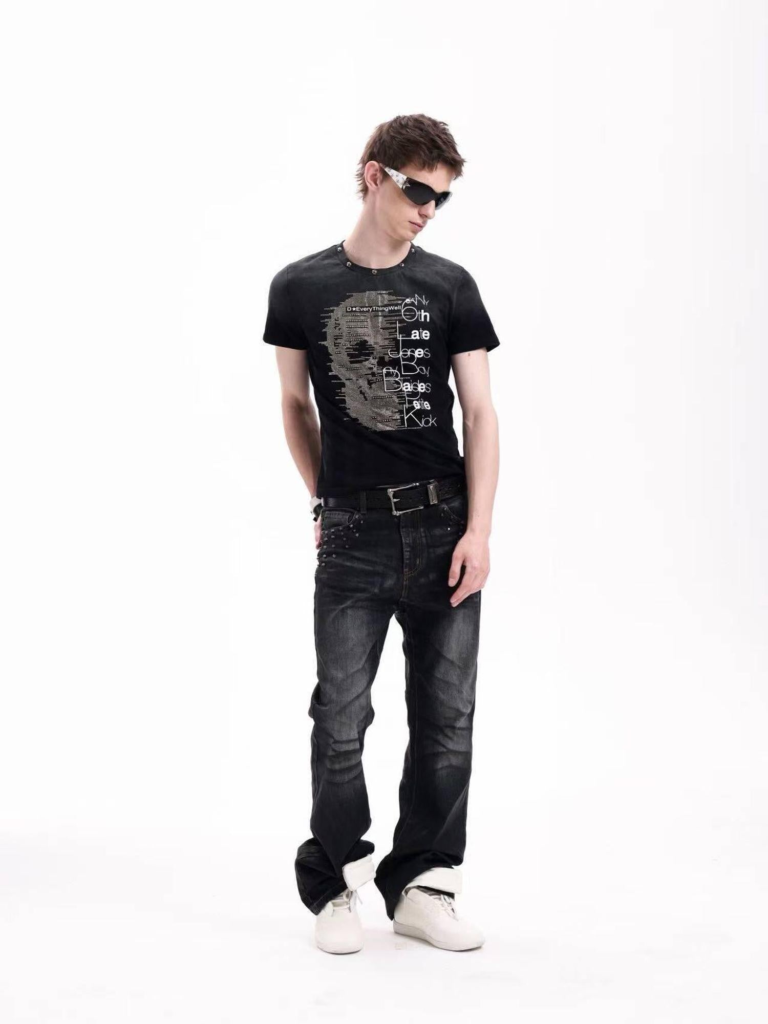 DETW onLine Skull Washed Hand Beaded Rhinestone Print Women&
