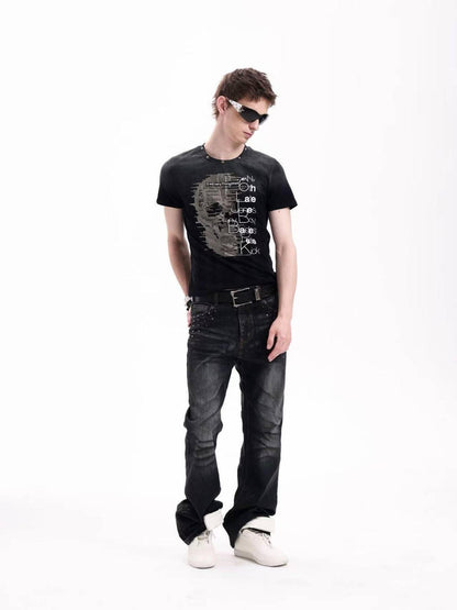 DETW onLine Skull Washed Hand Beaded Rhinestone Print Women&