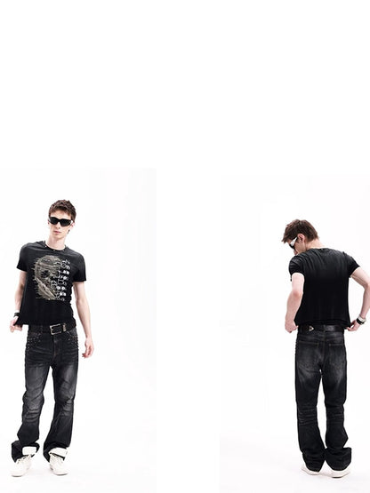 DETW onLine Skull Washed Hand Beaded Rhinestone Print Women&
