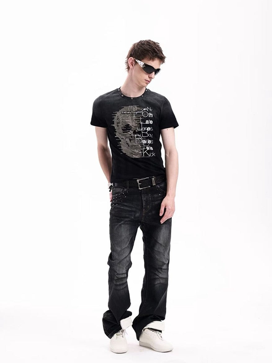 DETW onLine Skull Washed Hand Beaded Rhinestone Print Women&