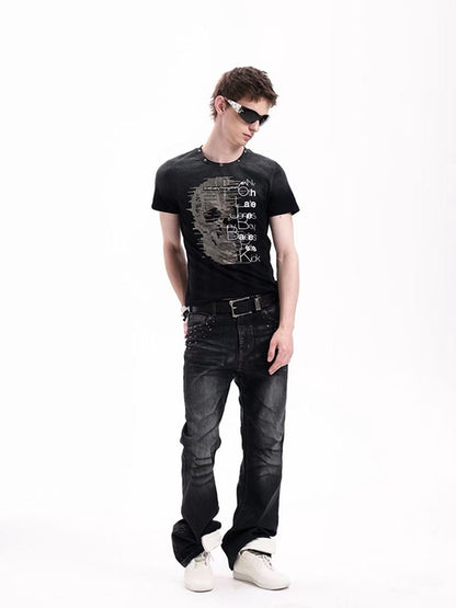 DETW onLine Skull Washed Hand Beaded Rhinestone Print Women&