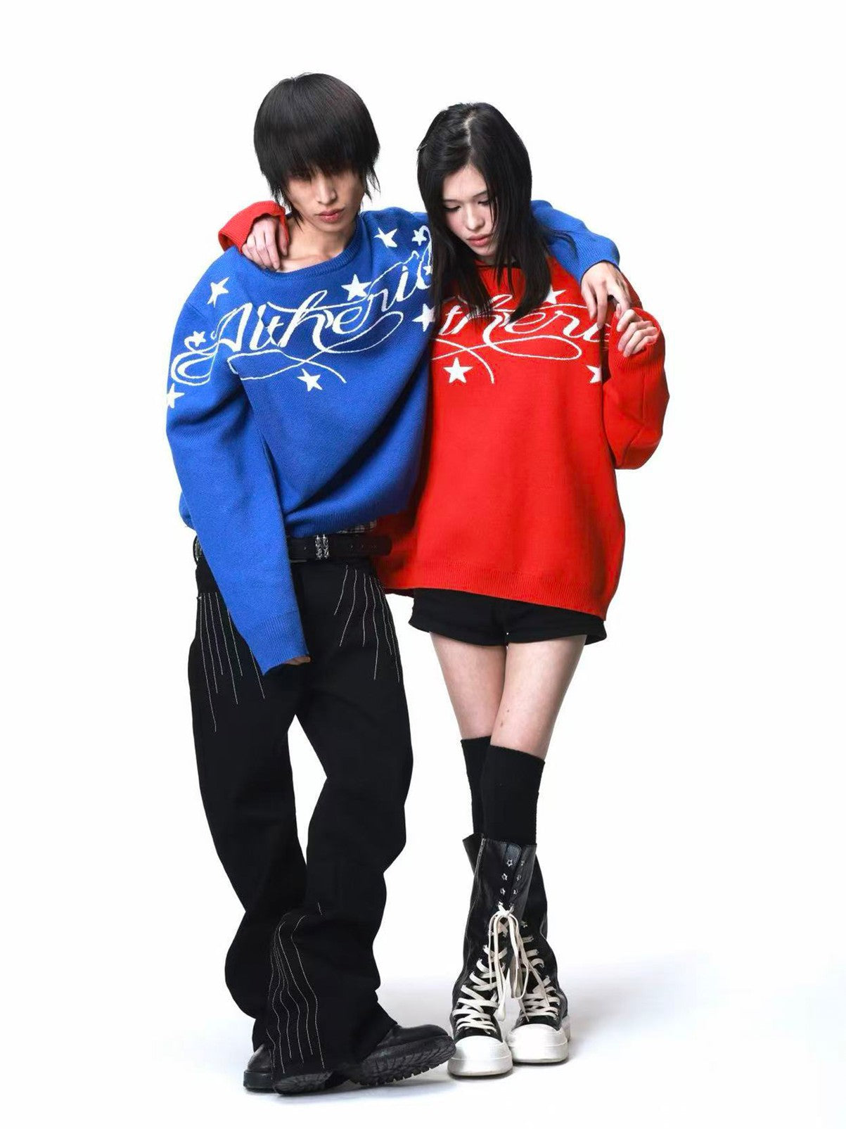 DETW onLine Two Tone Jacquard Slogan Round Neck Loose Women&