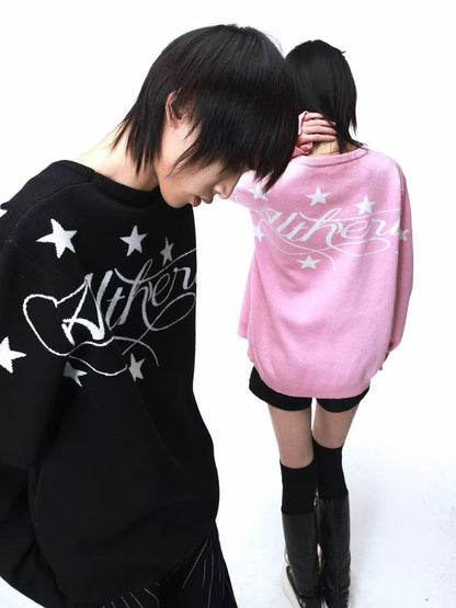 DETW onLine Two Tone Jacquard Slogan Round Neck Loose Women&