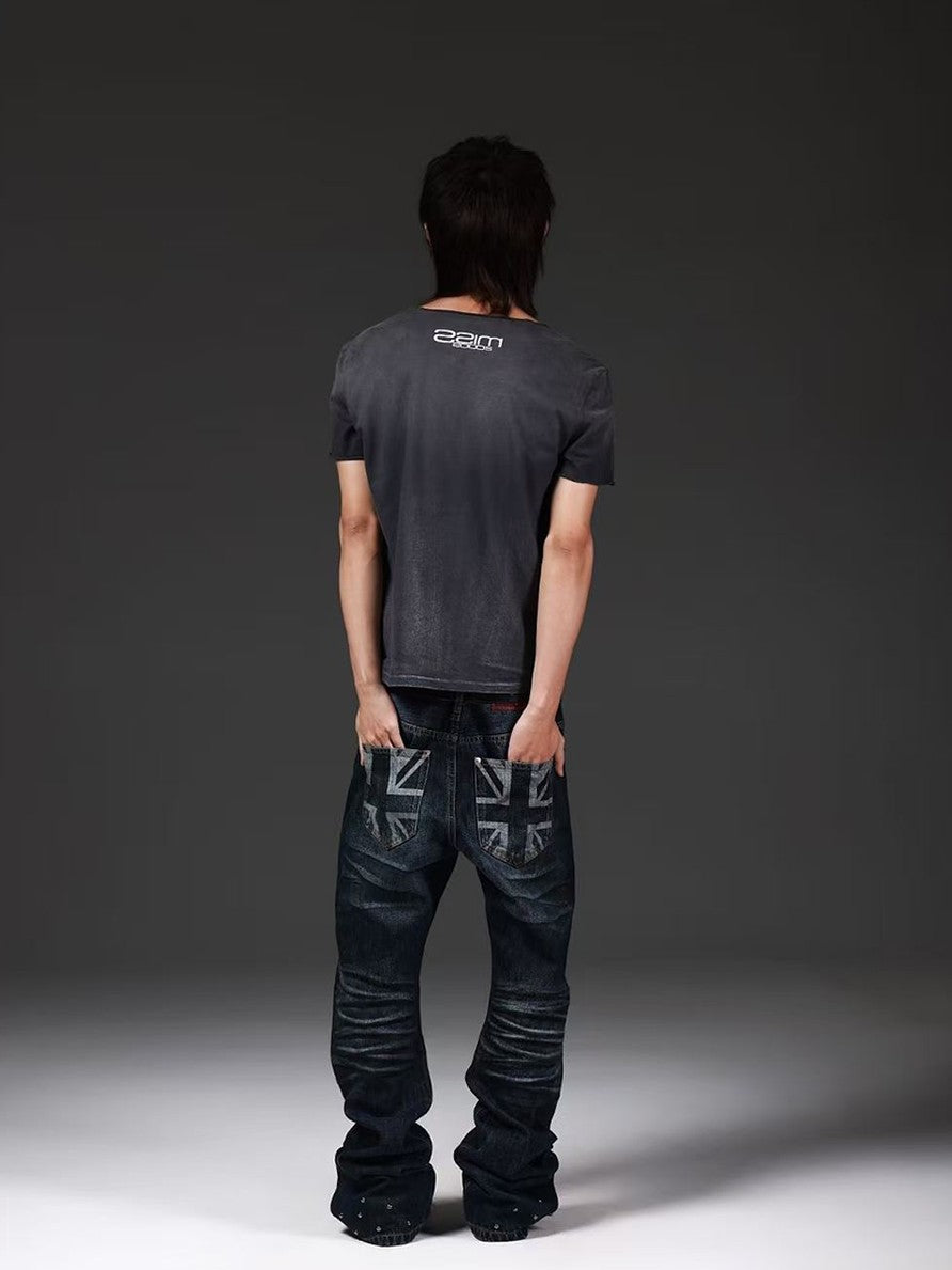 DETW onLine Union Jack Beaded Washed Distressed Pleated Women&