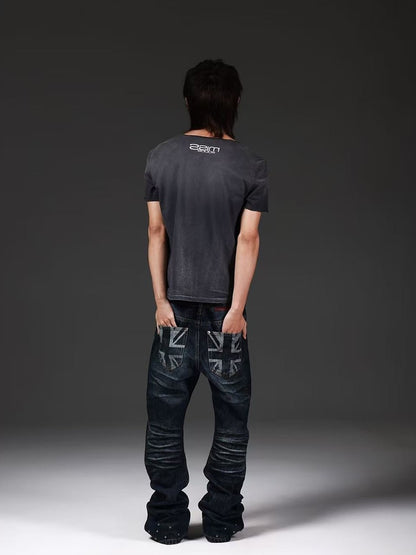 DETW onLine Union Jack Beaded Washed Distressed Pleated Women&