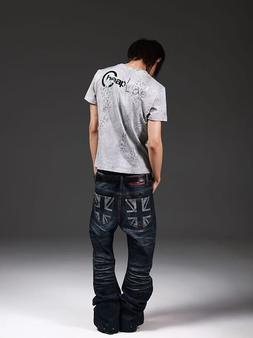 DETW onLine Union Jack Beaded Washed Distressed Pleated Women&