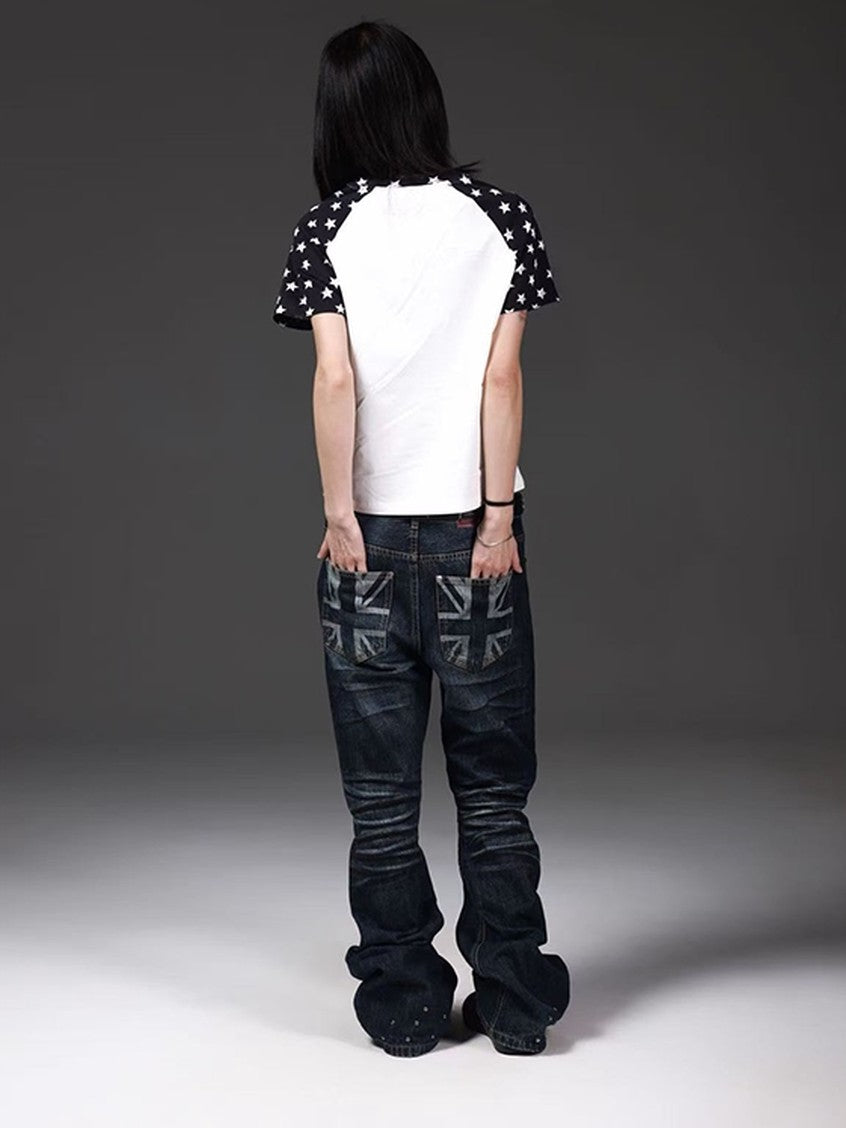 DETW onLine Union Jack Beaded Washed Distressed Pleated Women&