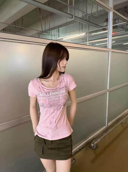 DETW onLine Union Jack Distressed Digital Print Slim U Neck Women&