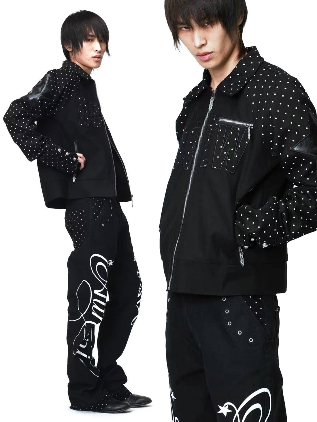 DETW onLine Vintage Polka Dot Spliced 3d Applique Lapel Zip Women&