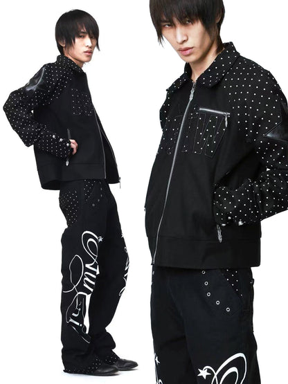 DETW onLine Vintage Polka Dot Spliced 3d Applique Lapel Zip Women&