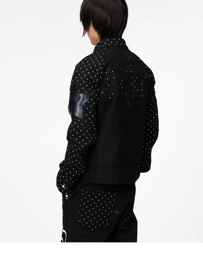 DETW onLine Vintage Polka Dot Spliced 3d Applique Lapel Zip Women&
