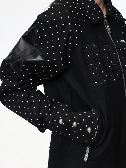 DETW onLine Vintage Polka Dot Spliced 3d Applique Lapel Zip Women&