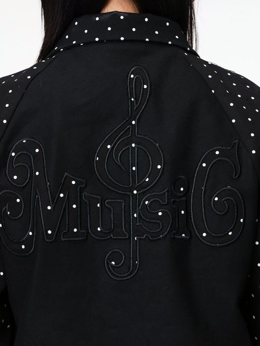 DETW onLine Vintage Polka Dot Spliced 3d Applique Lapel Zip Women&
