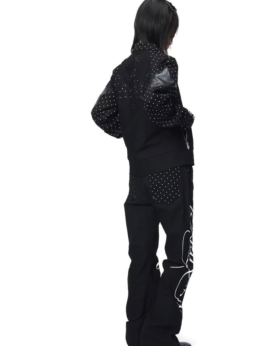 DETW onLine Vintage Polka Dot Spliced 3d Applique Lapel Zip Women&
