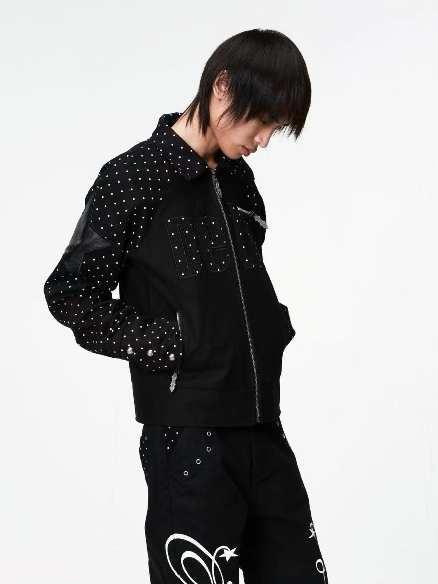 DETW onLine Vintage Polka Dot Spliced 3d Applique Lapel Zip Women&