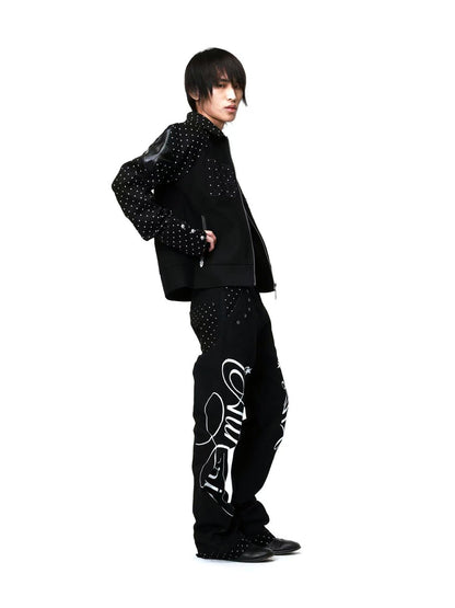 DETW onLine Vintage Polka Dot Spliced 3d Applique Lapel Zip Women&