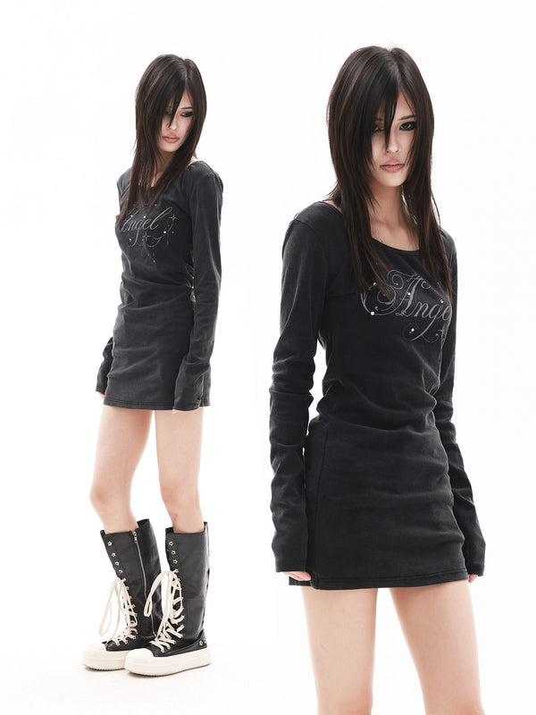 Washed Black Rhinestone Wing U Neck Cinched Waist Women's Long Sleeve T-shirts