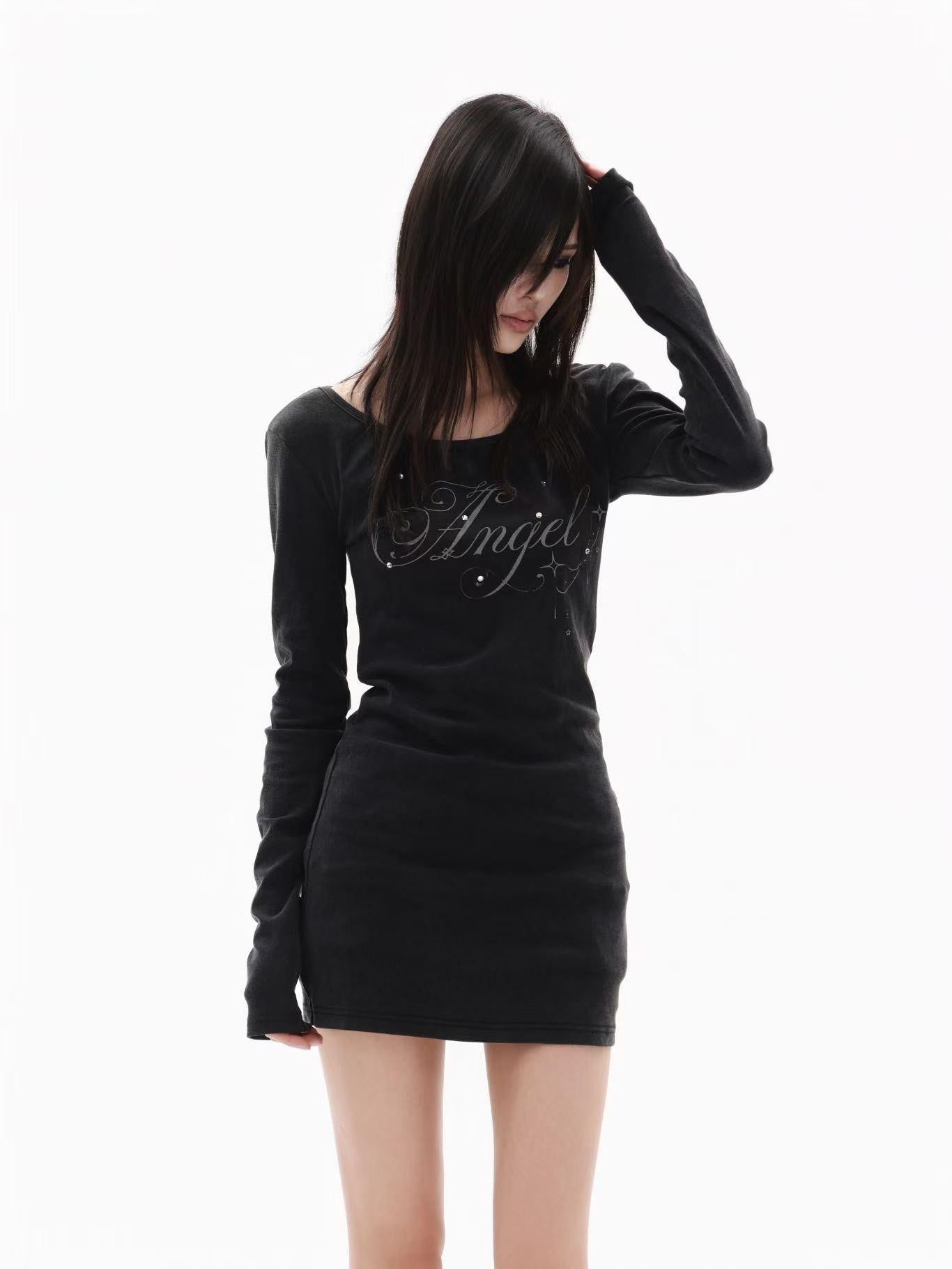 DETW onLine Washed Black Rhinestone Wing U Neck Cinched Waist Women&