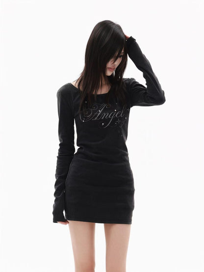 DETW onLine Washed Black Rhinestone Wing U Neck Cinched Waist Women&