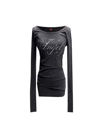 DETW onLine Washed Black Rhinestone Wing U Neck Cinched Waist Women&