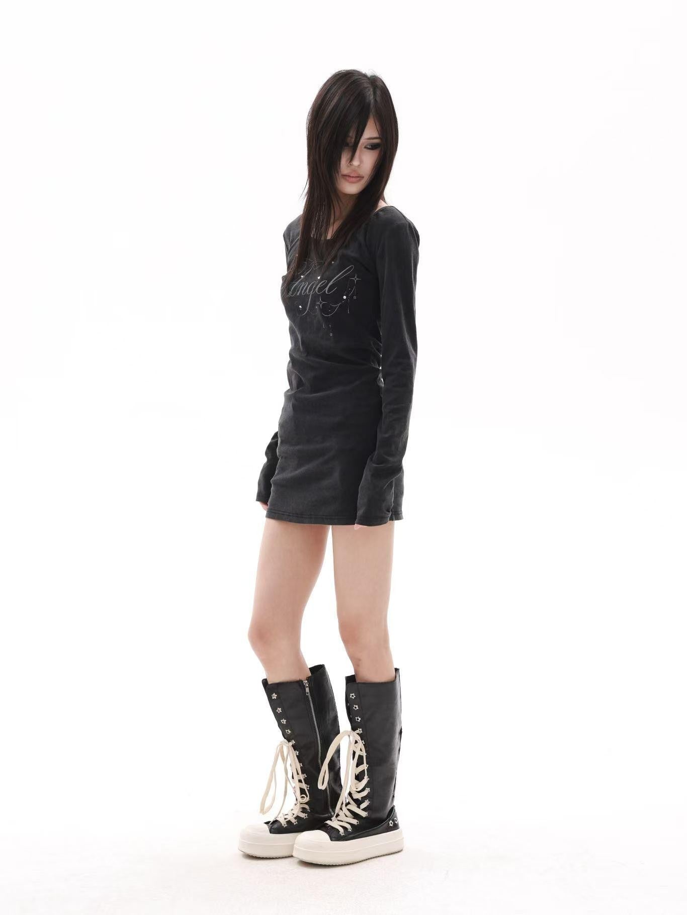 DETW onLine Washed Black Rhinestone Wing U Neck Cinched Waist Women&