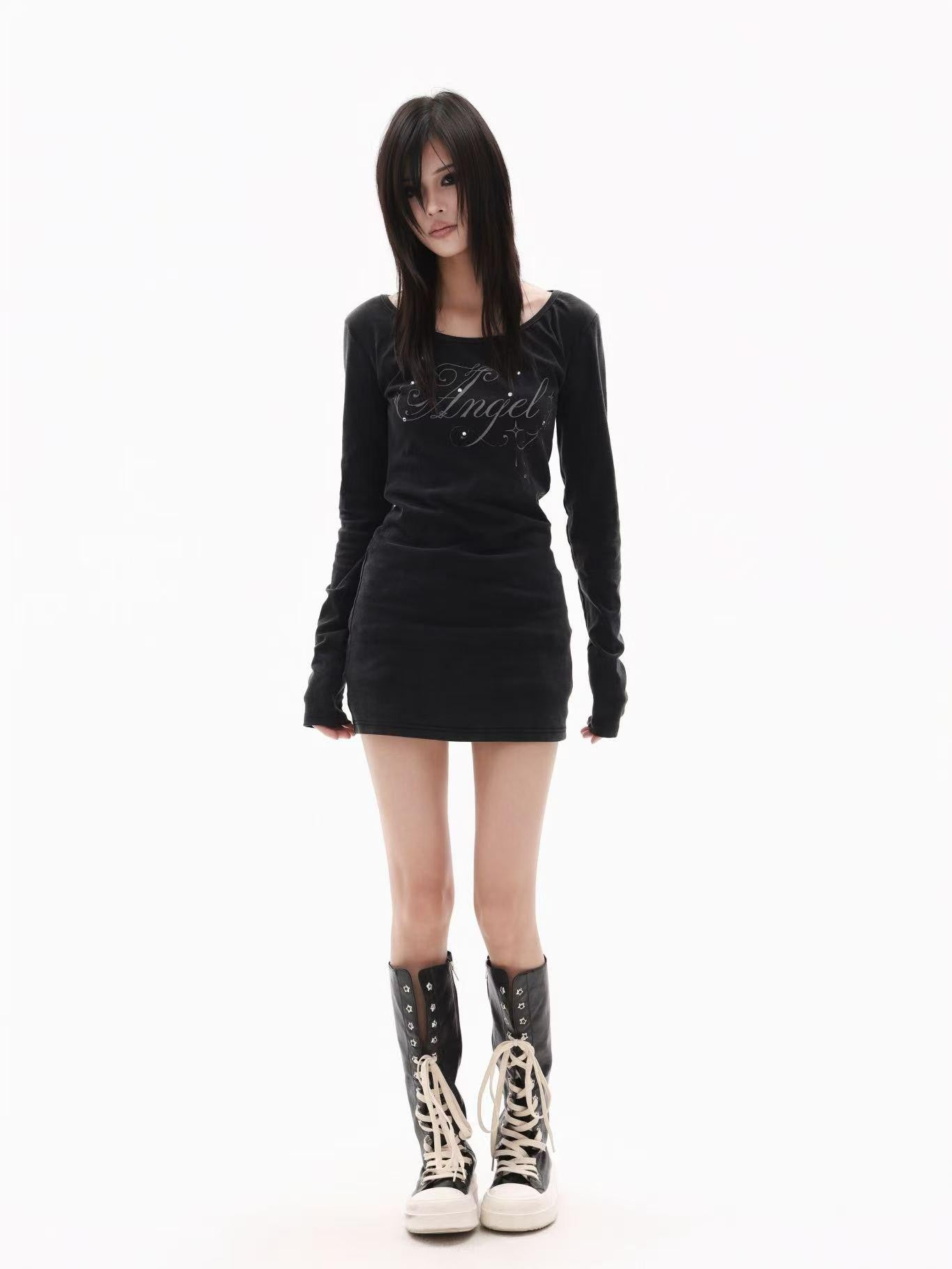 DETW onLine Washed Black Rhinestone Wing U Neck Cinched Waist Women&