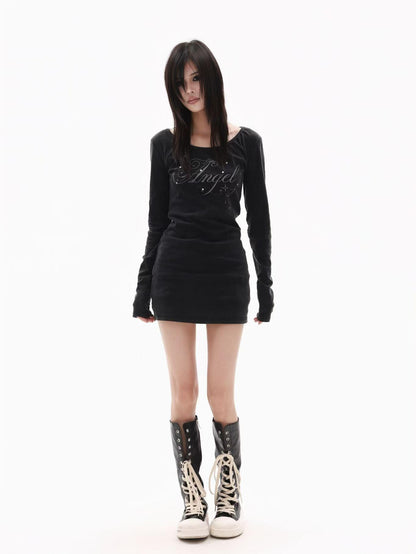 DETW onLine Washed Black Rhinestone Wing U Neck Cinched Waist Women&