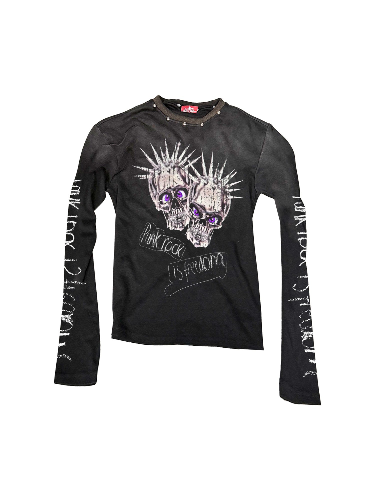DETW onLine Washed Black Studded Skull Punk Crewneck Women&