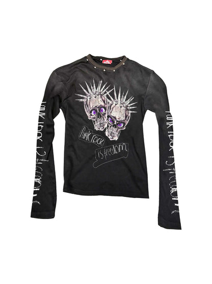 DETW onLine Washed Black Studded Skull Punk Crewneck Women&