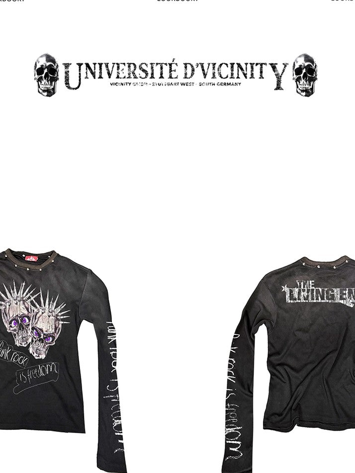 DETW onLine Washed Black Studded Skull Punk Crewneck Women&