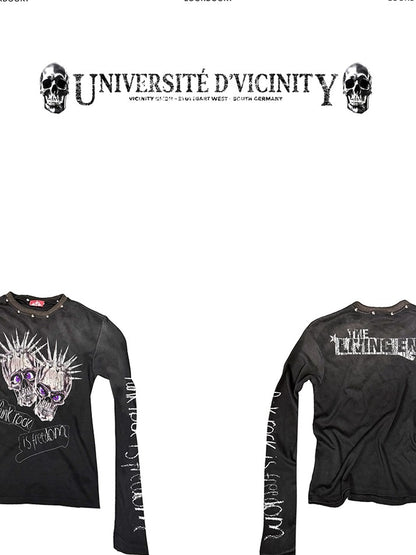 DETW onLine Washed Black Studded Skull Punk Crewneck Women&