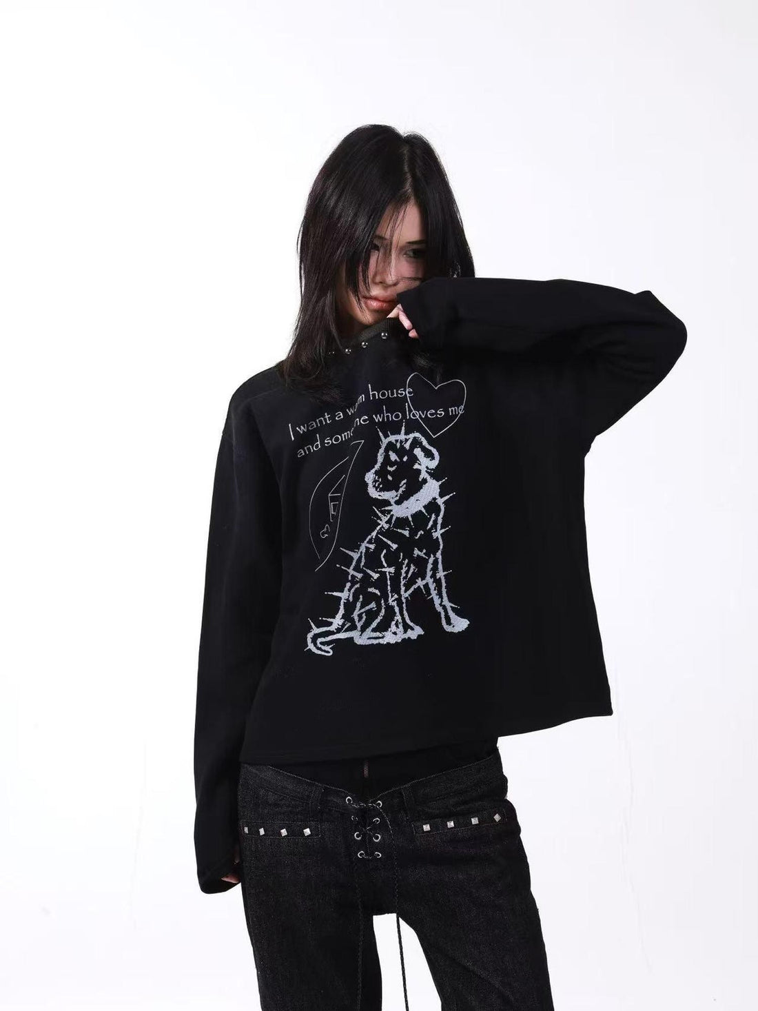 DETW onLine Washed Black Studded Slogan Print Women&