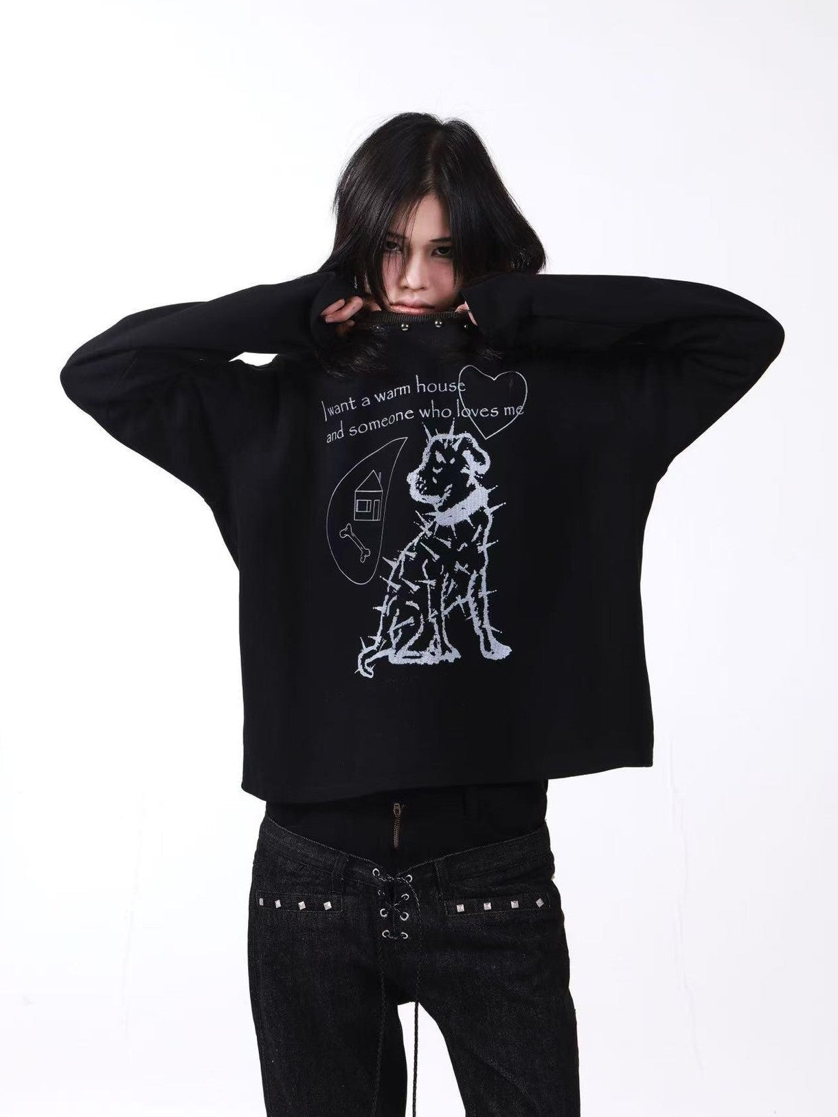DETW onLine Washed Black Studded Slogan Print Women&