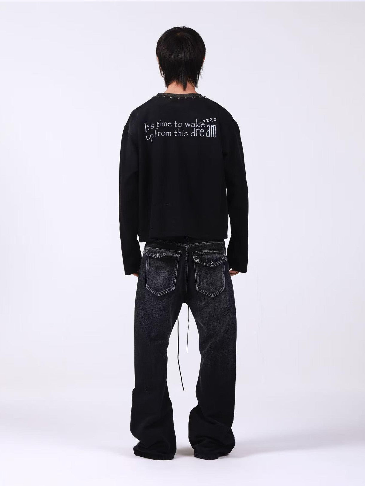 DETW onLine Washed Black Studded Slogan Print Women&