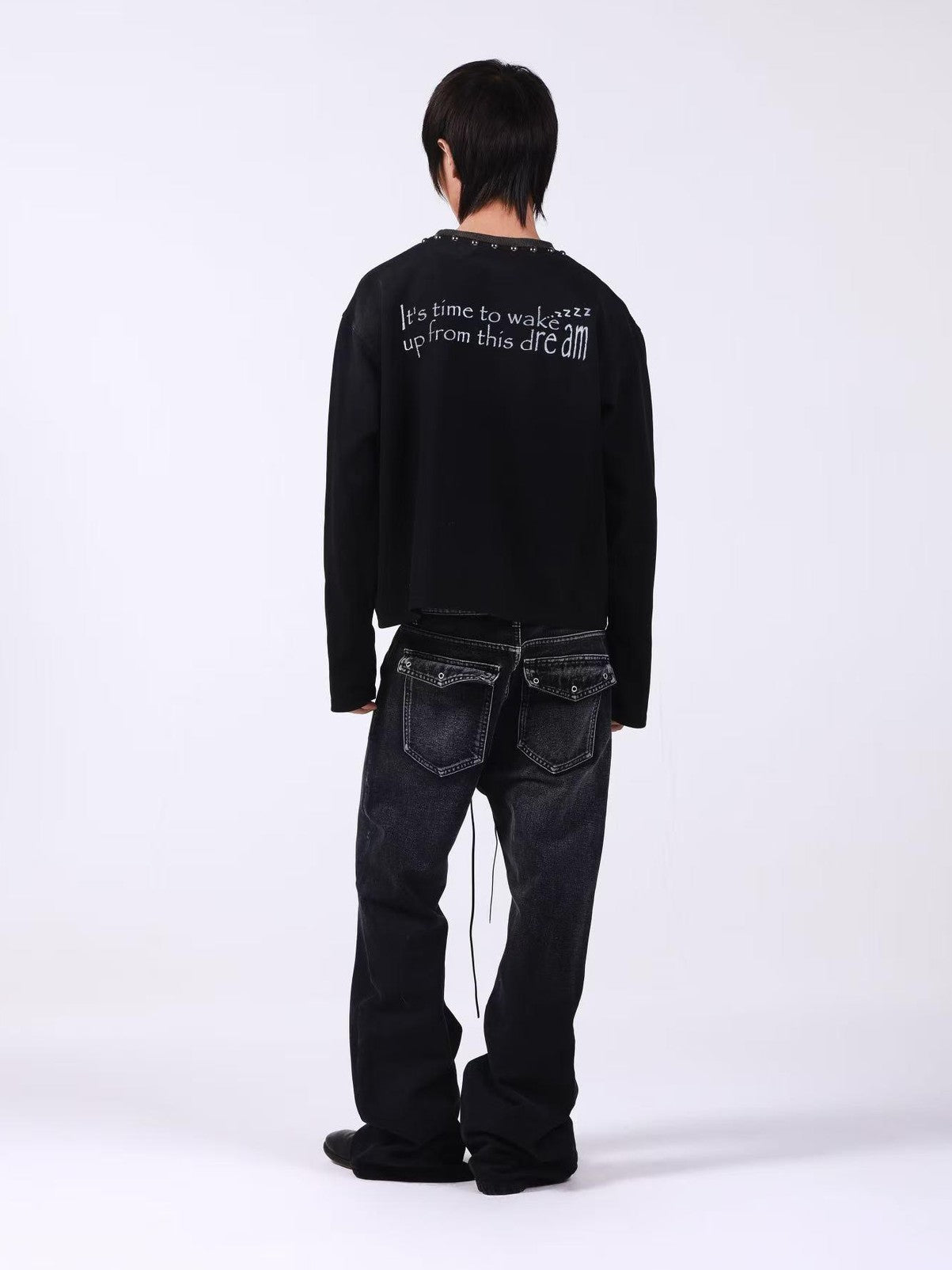 DETW onLine Washed Black Studded Slogan Print Women&