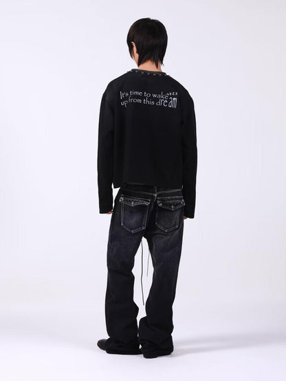 DETW onLine Washed Black Studded Slogan Print Women&
