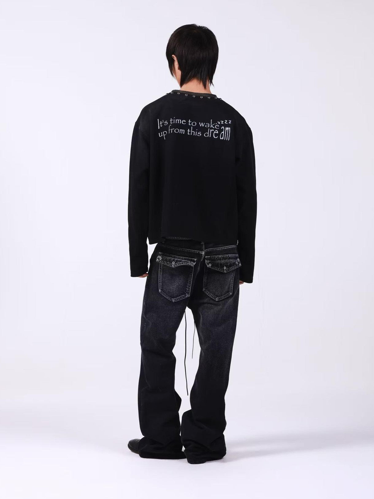 DETW onLine Washed Black Studded Slogan Print Women&