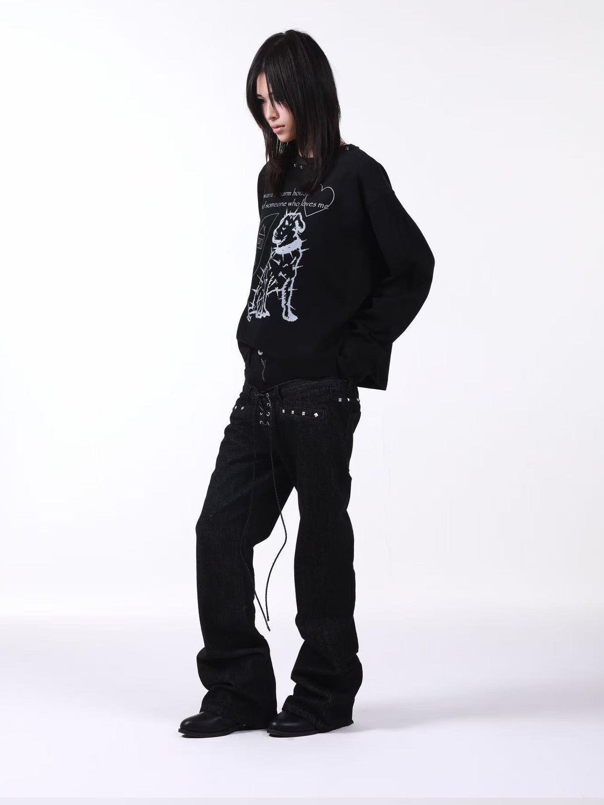DETW onLine Washed Black Studded Slogan Print Women&