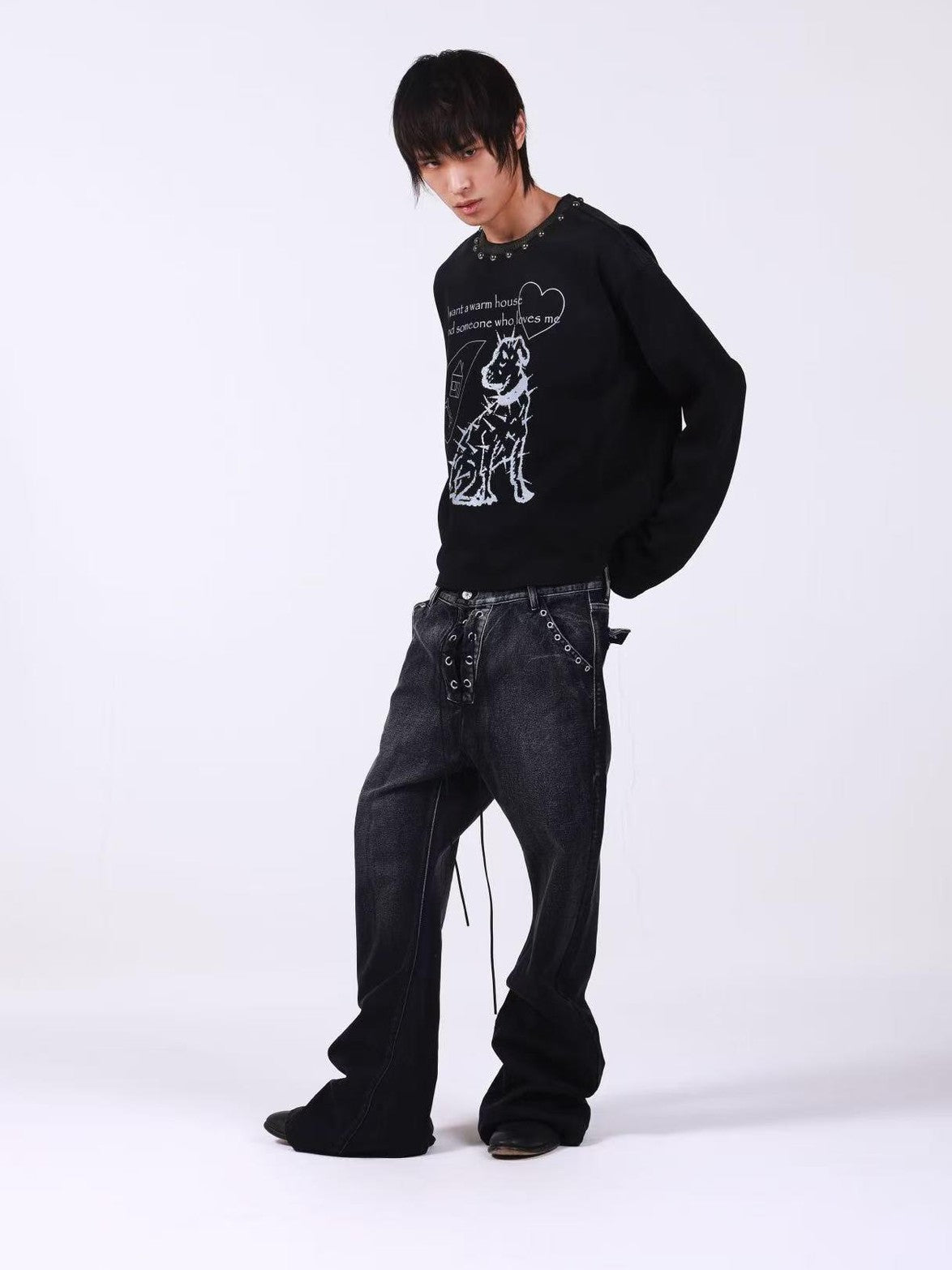 DETW onLine Washed Black Studded Slogan Print Women&