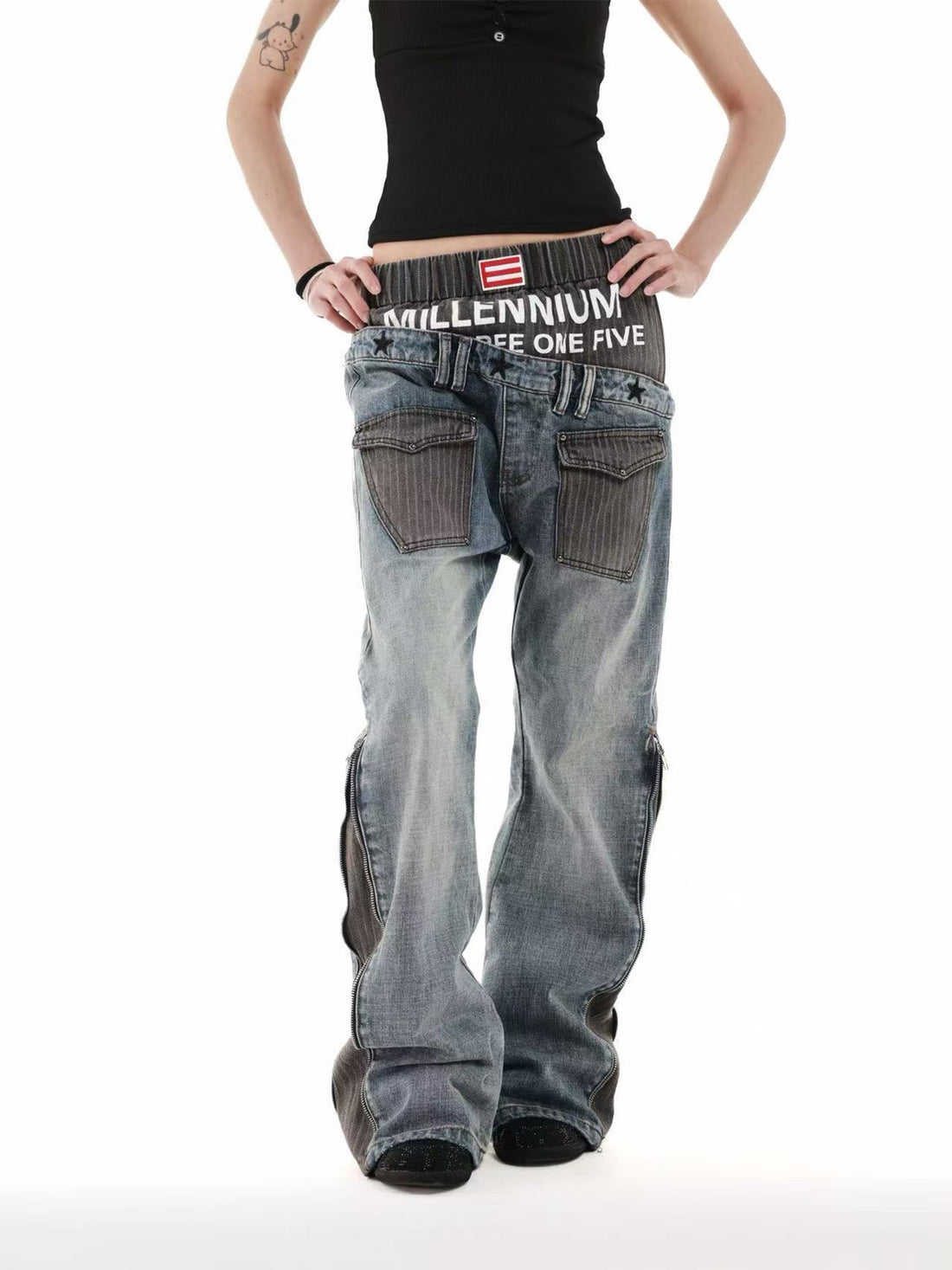 DETW onLine Washed Blue Dual Waist Diagonal Patch Striped Embroidered Women&