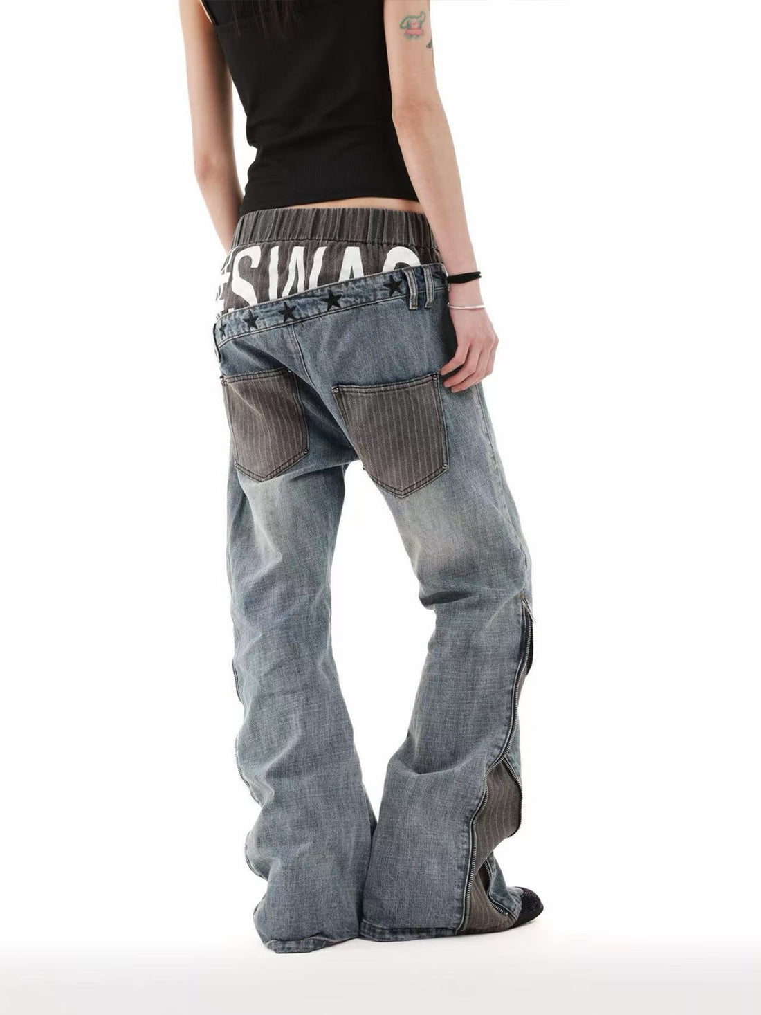 DETW onLine Washed Blue Dual Waist Diagonal Patch Striped Embroidered Women&