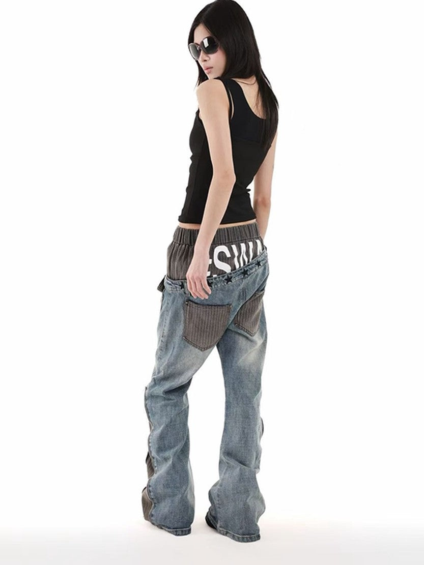 DETW onLine Washed Blue Dual Waist Diagonal Patch Striped Embroidered Women&
