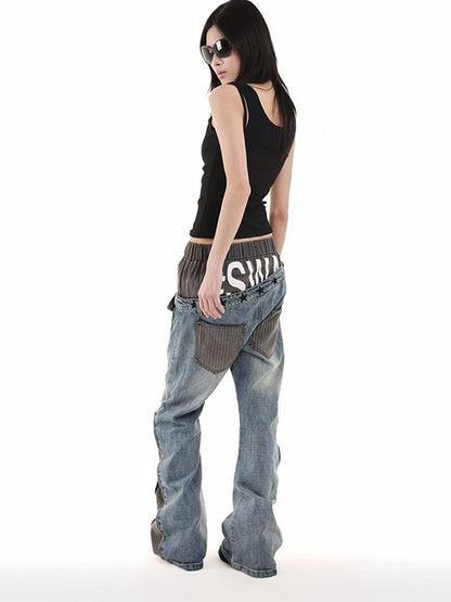 DETW onLine Washed Blue Dual Waist Diagonal Patch Striped Embroidered Women&