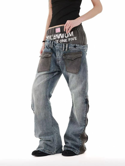 DETW onLine Washed Blue Dual Waist Diagonal Patch Striped Embroidered Women&